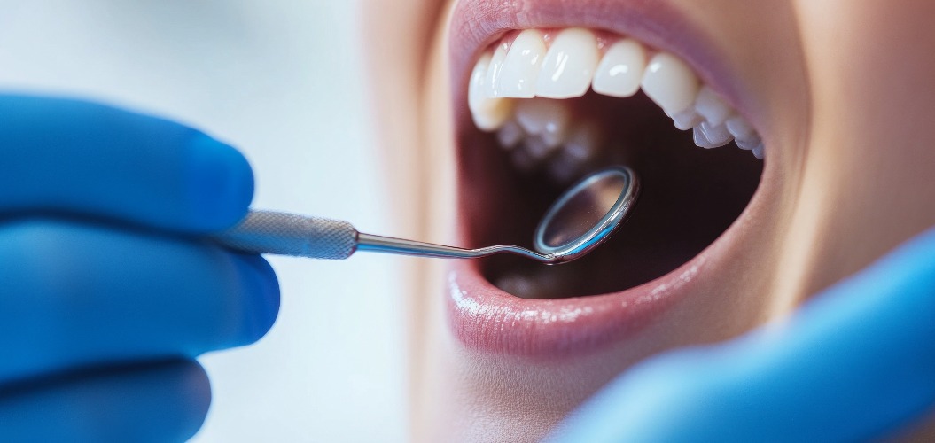 A close-up view of a dental examination. The dentist probes the mouth with precision. Oral health is important for overall well-being. Generative AI