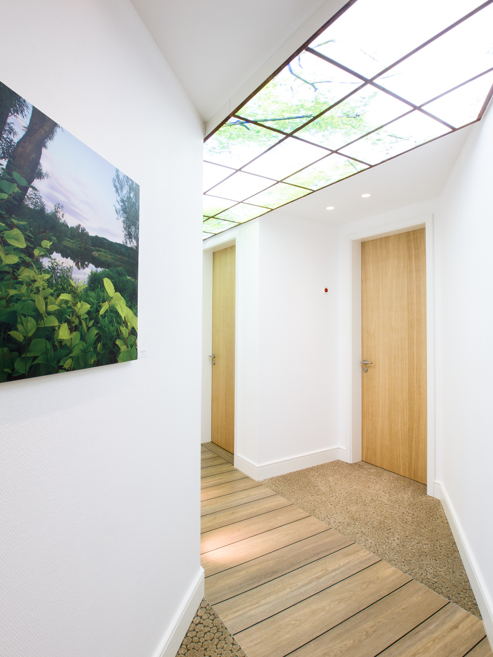Heller Flur mit zwei Holztüren, Tageslichtdecke und Landschaftsbild an der Wand.