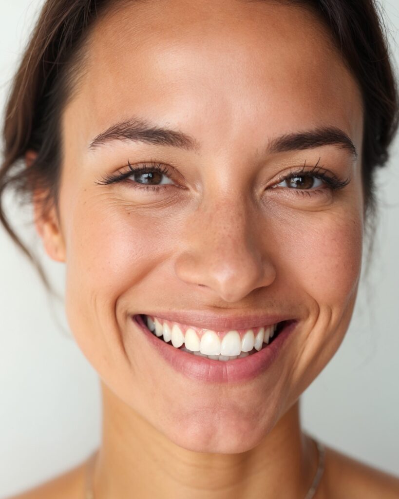 Close-up portrait of a smiling woman with clean teeth and fresh hair, set against a white background.