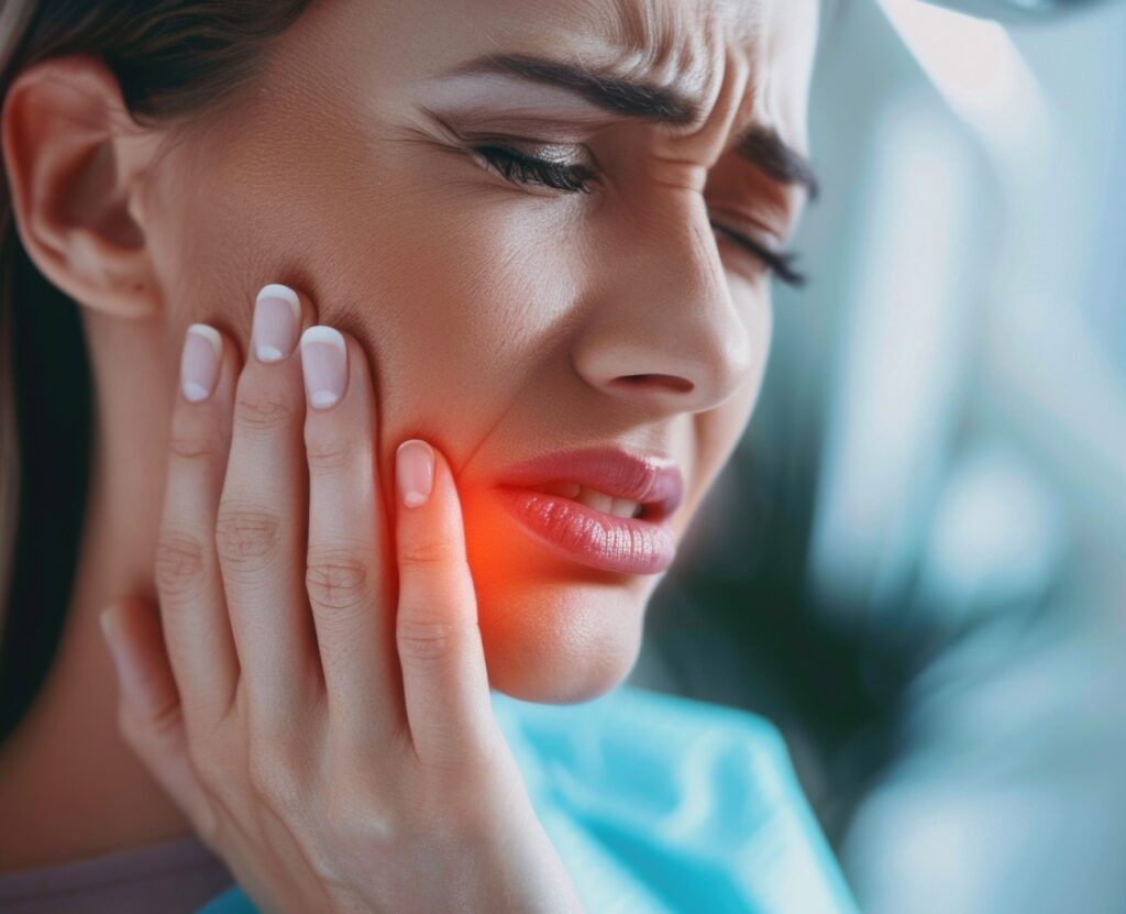 Eine Frau hält sich die Wange, während sie unter Zahnschmerzen leidet. Das Bild zeigt das Unbehagen und die Schmerzen, die bei Zahnproblemen auftreten, und unterstreicht die Notwendigkeit von Mundgesundheitspflege und -behandlung